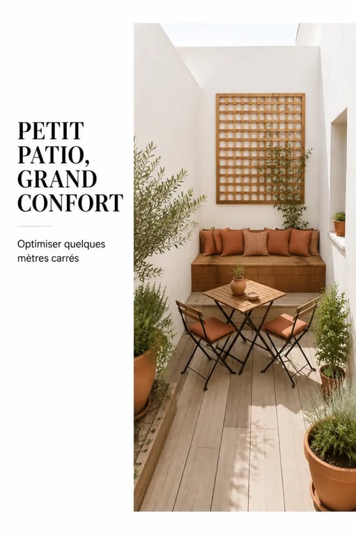 Aménagement patio extérieur fonctionnel avec banquette, plantes et mobilier compact