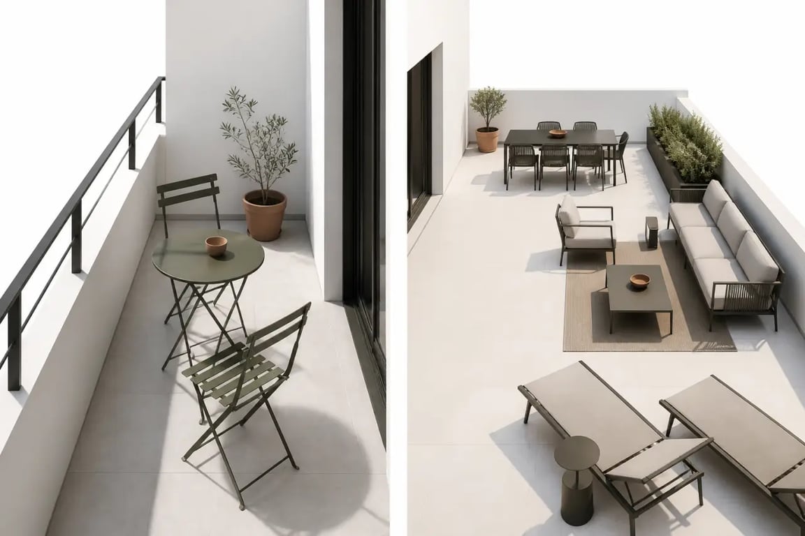Meubles de jardin extérieur : balcon compact et grande terrasse familiale en comparaison visuelle