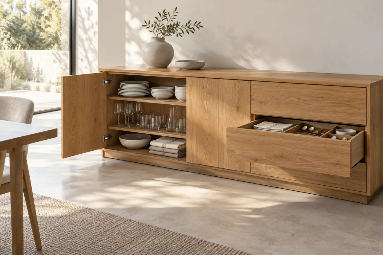 Buffet bois massif avec rangements intérieurs organisés dans une salle à manger