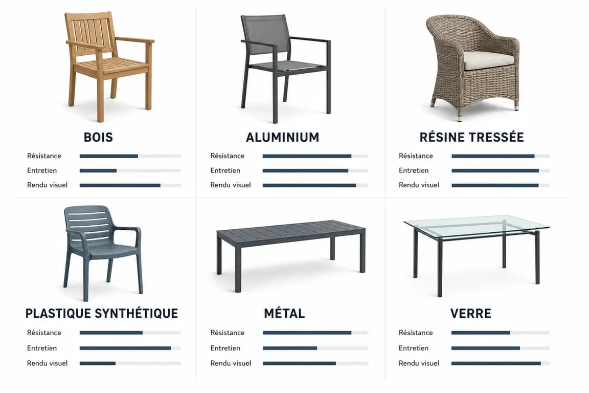 Meubles de jardin extérieur : comparaison visuelle des matériaux, de l’entretien et de la résistance
