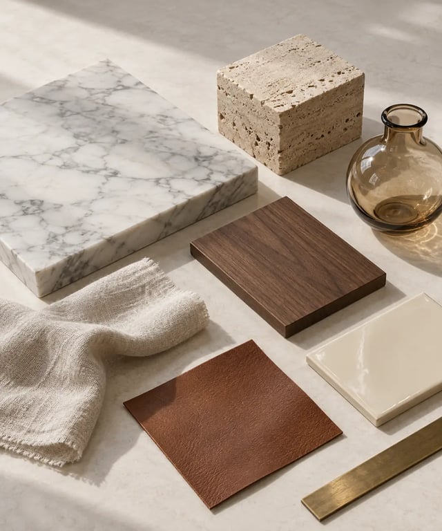 Matières nobles utilisées en décoration luxe intérieur, du marbre au laiton patiné