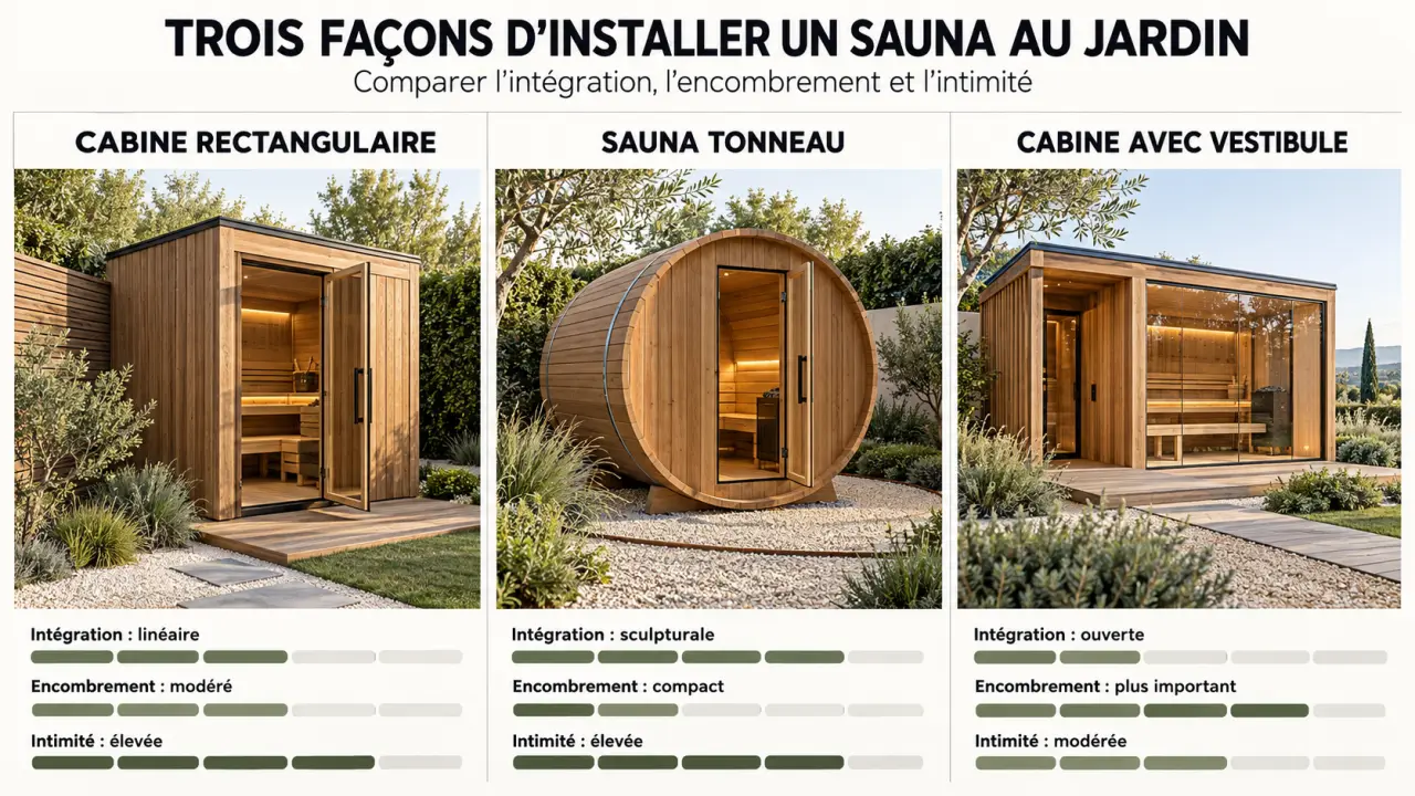 Comparatif visuel de sauna extérieur rectangulaire, tonneau et avec vestibule dans un jardin
