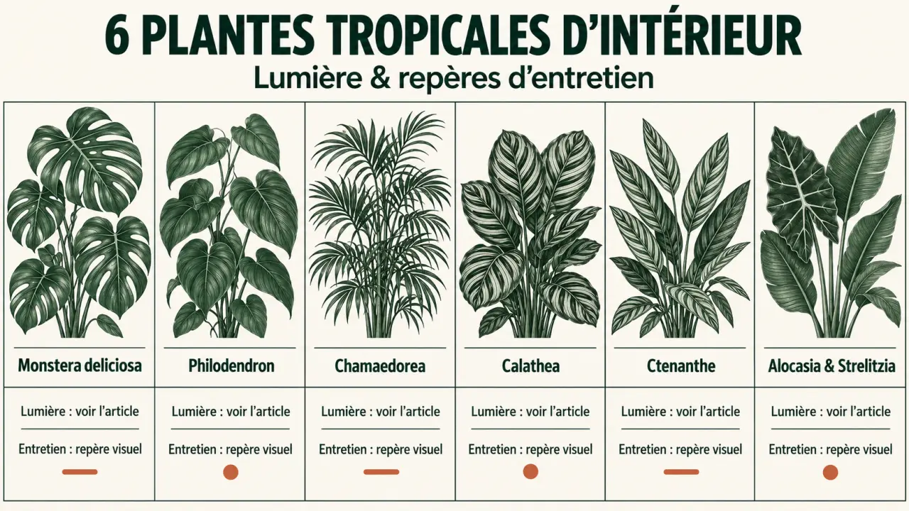 Infographie comparative de plantes intérieur tropicale selon la lumière et l’entretien
