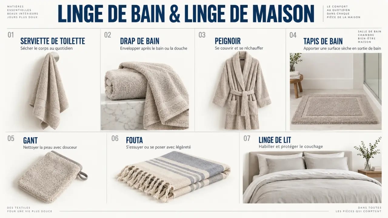 Linge de bain et linge de maison : différences entre serviette, drap de bain, peignoir, tapis et fouta