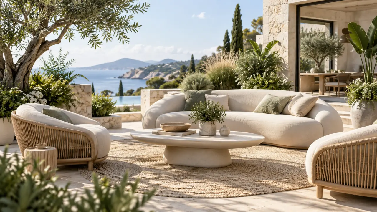 Salon de jardin haut de gamme aux formes arrondies sur une terrasse végétalisée