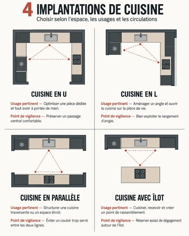 Aménager une cuisine en U : infographie comparant les implantations en U, en L, en parallèle et avec îlot