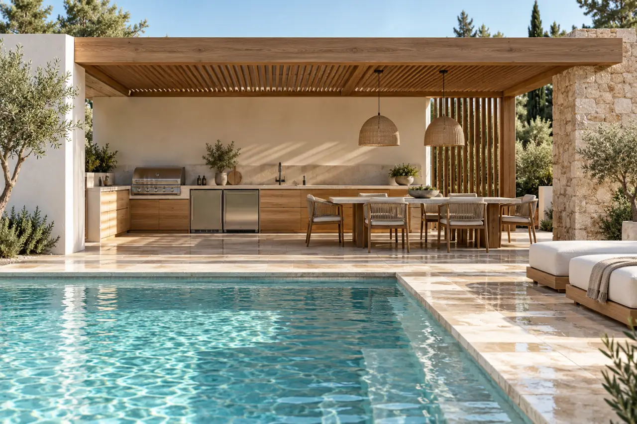 Pool house avec cuisine d’été organisé entre zone humide et espace repas