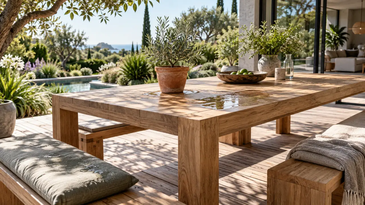 Mobilier de jardin en bois FSC installé sur une terrasse végétalisée