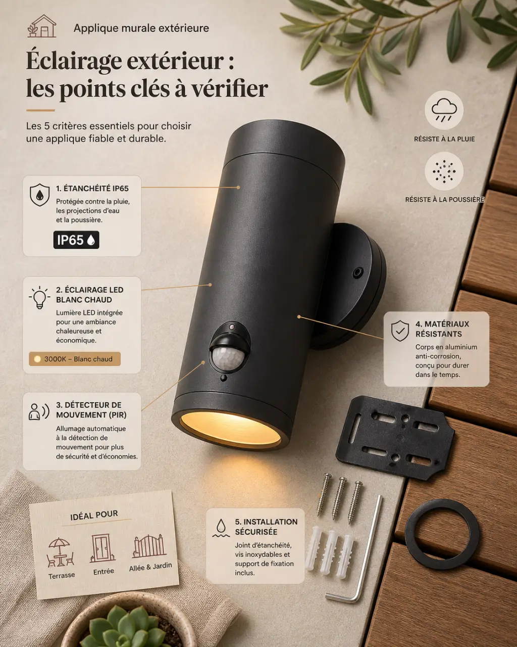 IP65, LED chaude, détecteur de mouvement : que faut-il vérifier sur une applique terrasse extérieure ?