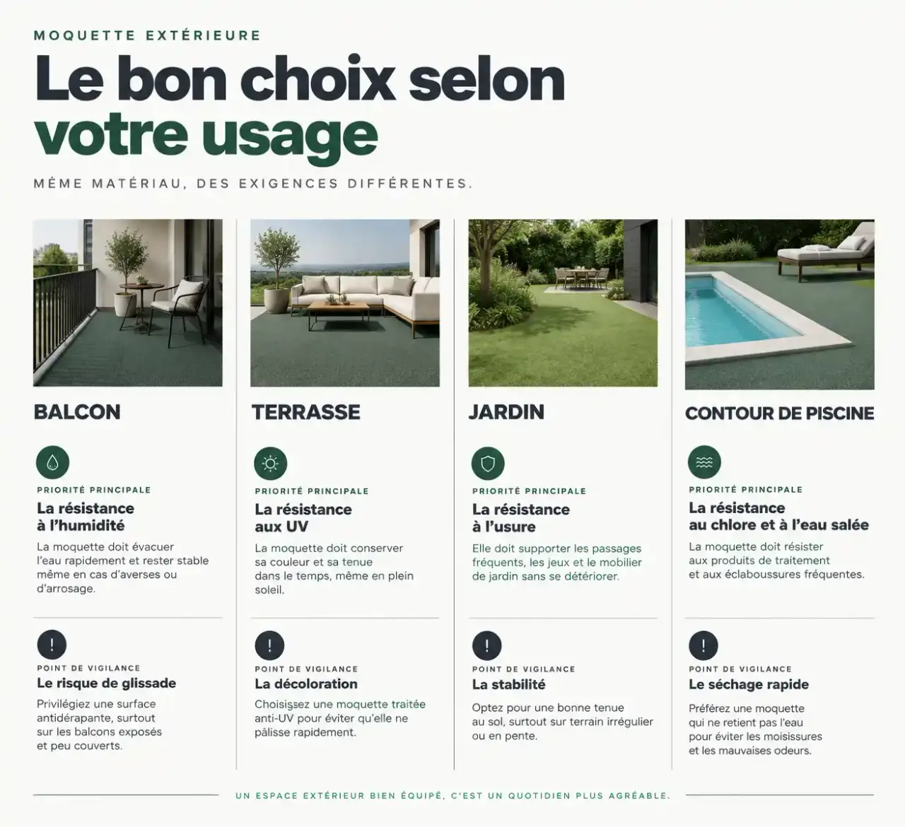 Moquettes extérieures : critères de choix selon l'usage (balcon, terrasse, jardin, contour de piscine)