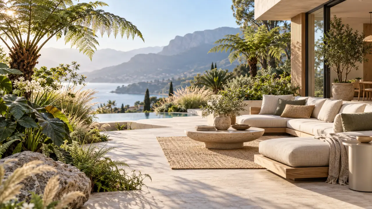 Terrasse élégante composée de mobilier en bois, de plantes luxuriantes et de matériaux naturels