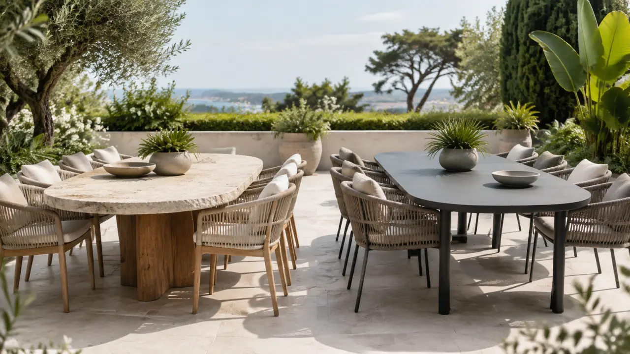 Table de jardin en pierre ou en grès cérame dans un patio élégant