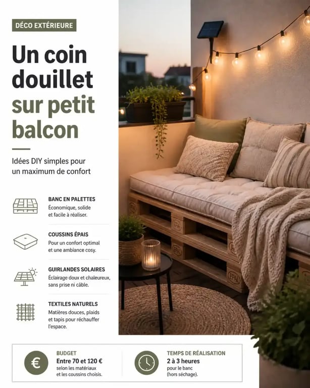 Décoration cosy pour aménager une petite terrasse sans se ruiner avec des éléments récupérés.