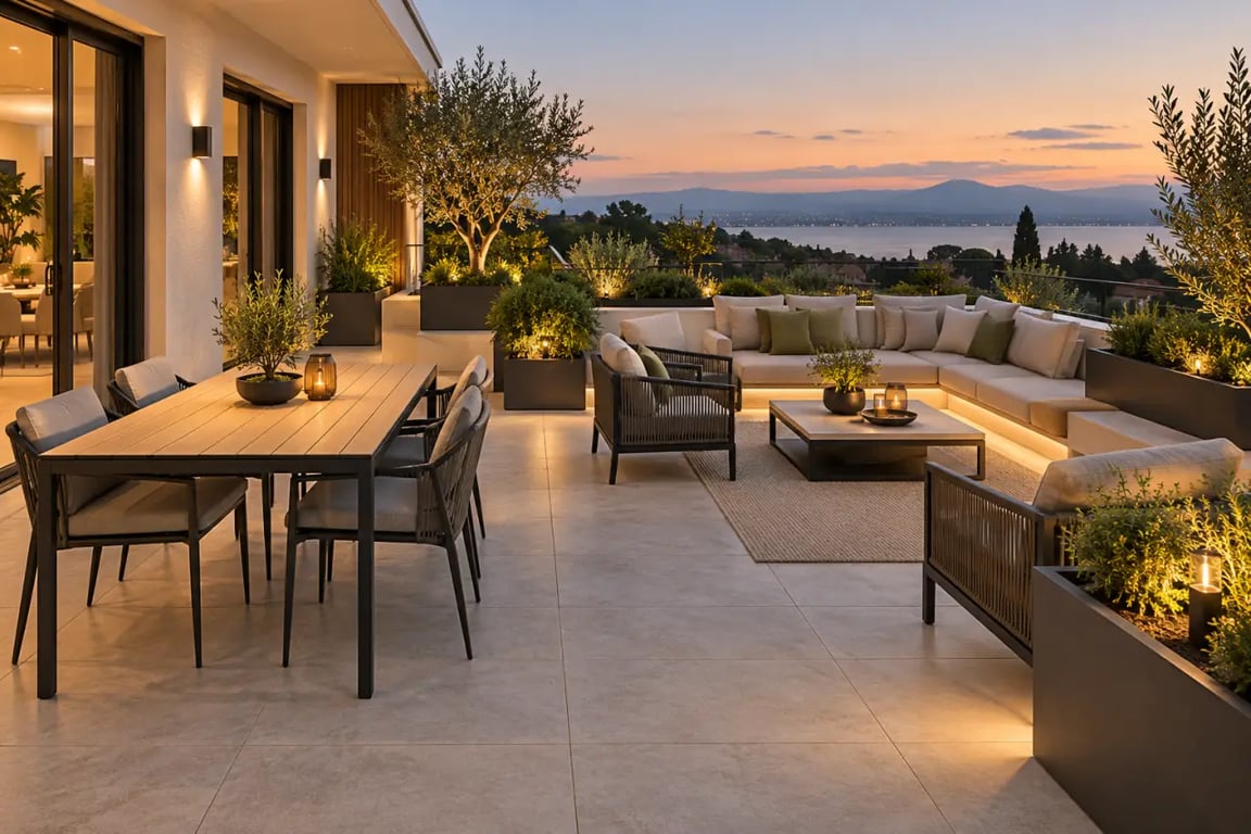 Décoration terrasse extérieure moderne avec coin repas et espace détente