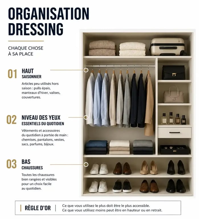 Schéma d'organisation dressing optimisé par zones pour une garde-robe fonctionnelle