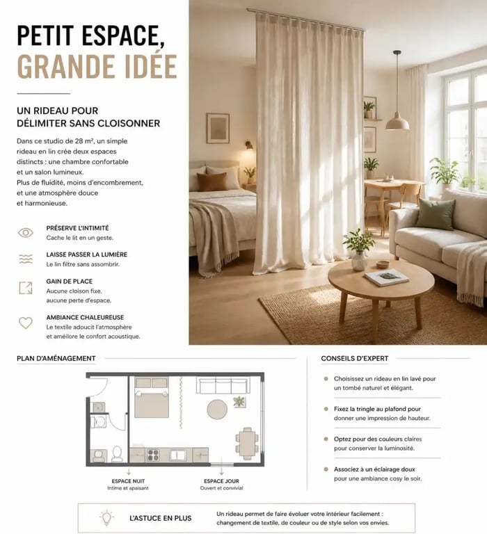 Aménagement petit studio avec séparation par rideau pour optimiser l'espace