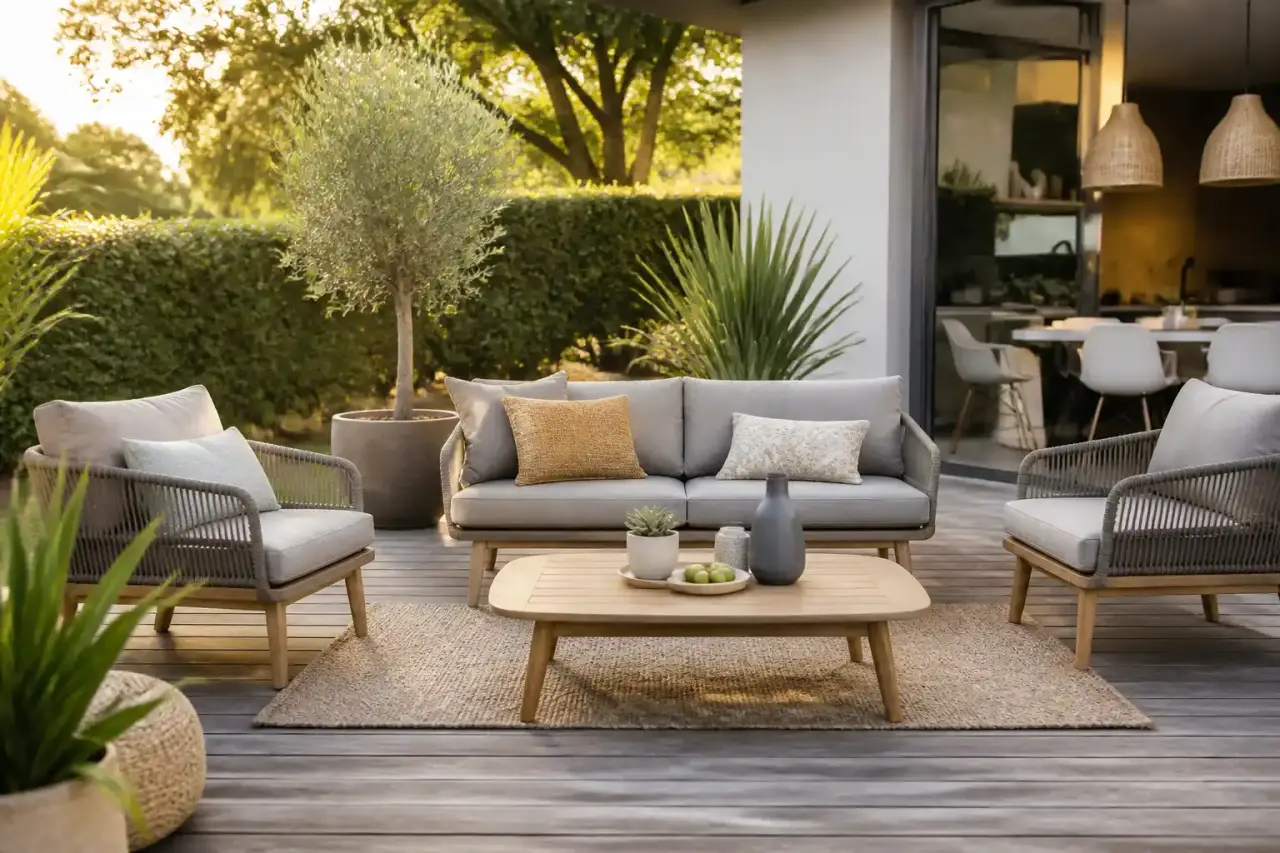 Salon de jardin premium sur terrasse élégante avec matériaux naturels et lumière douce
