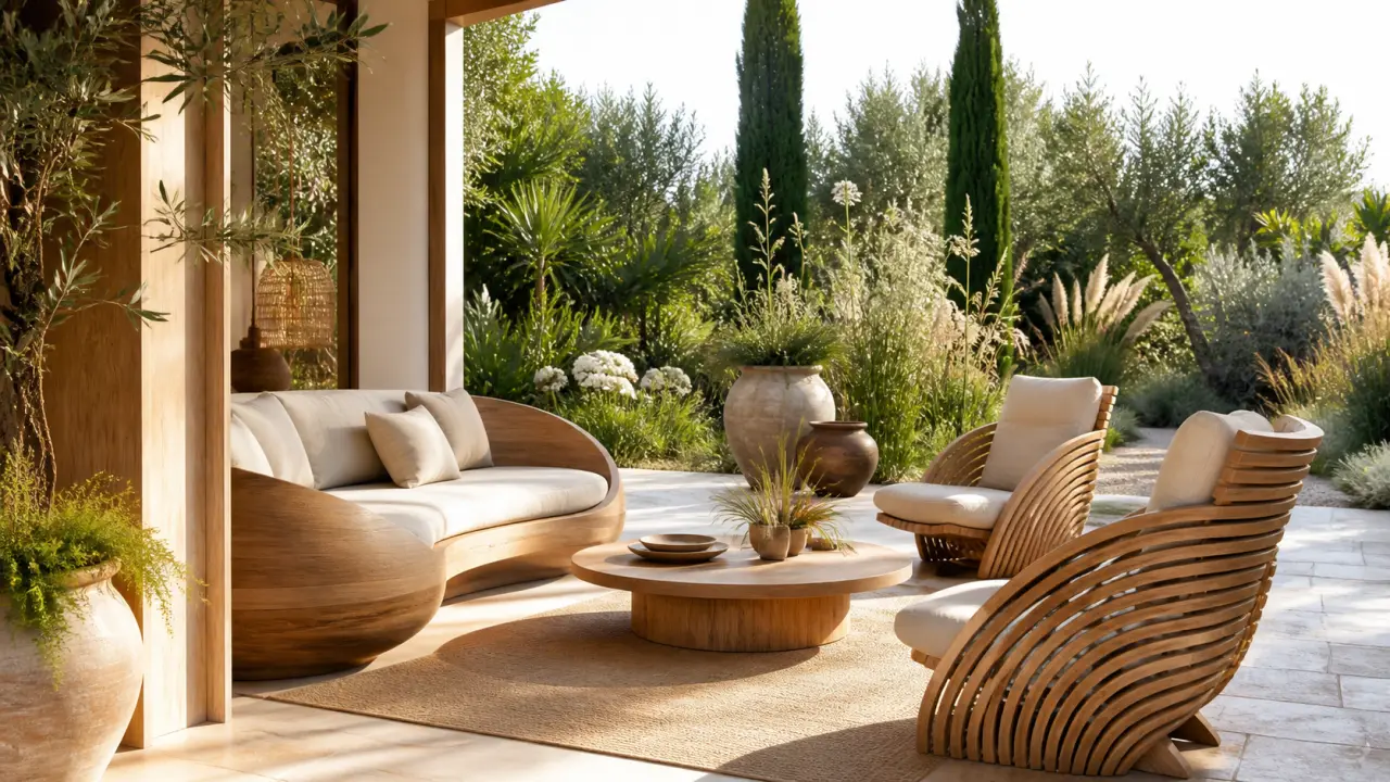 Terrasse haut de gamme avec mobilier en bois courbé, plantes généreuses et lumière douce du matin