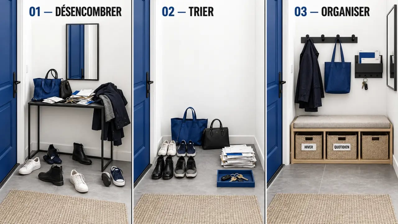 Rangement maison d’une entrée avant et après le tri par catégories