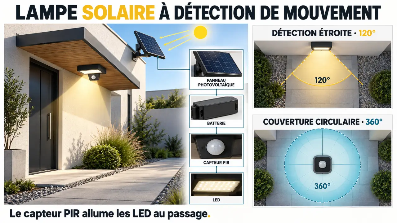 Schéma d’une lampe exterieur solaire detecteur de mouvement avec panneau déporté, batterie, capteur PIR et angles de détection