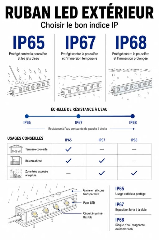 Comparatif des indices IP pour une LED en ruban extérieur entre IP65, IP67 et IP68