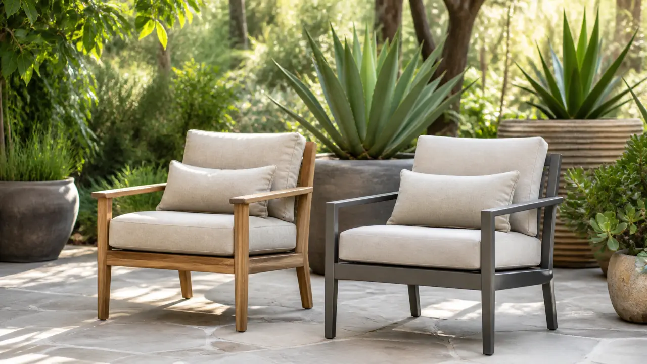 Mobilier d'extérieur en teck et aluminium dans une terrasse élégante