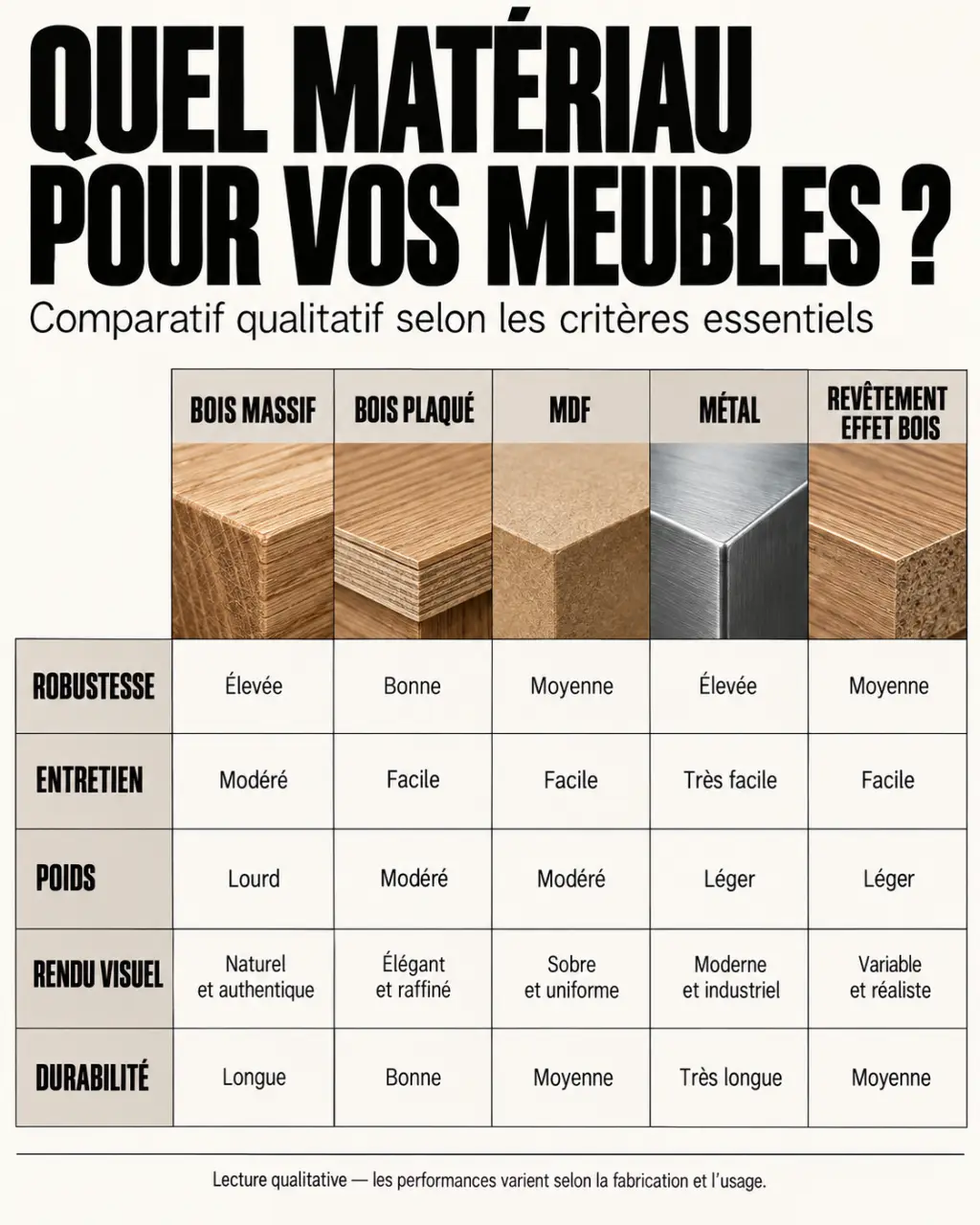 Comparatif visuel des matériaux pour choisir un buffet bois massif