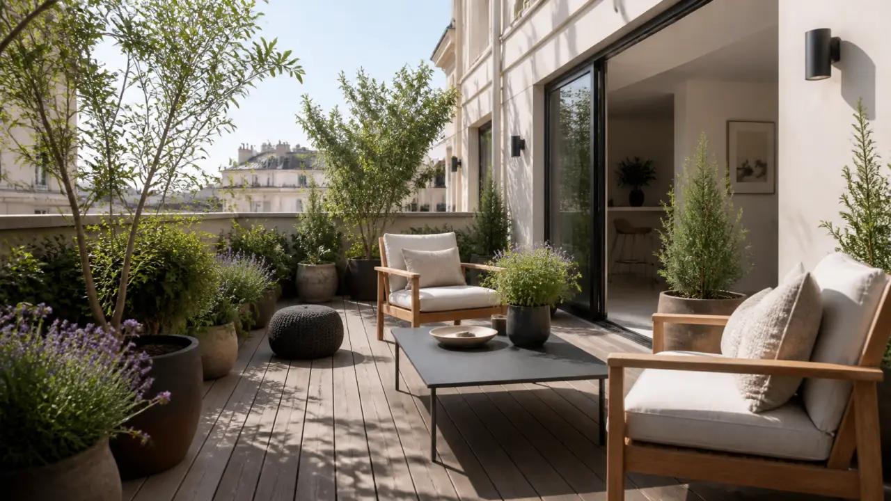 Terrasse premium de 18 m² aménagée avec mobilier en teck, grands bacs en terre cuite et végétation luxuriante