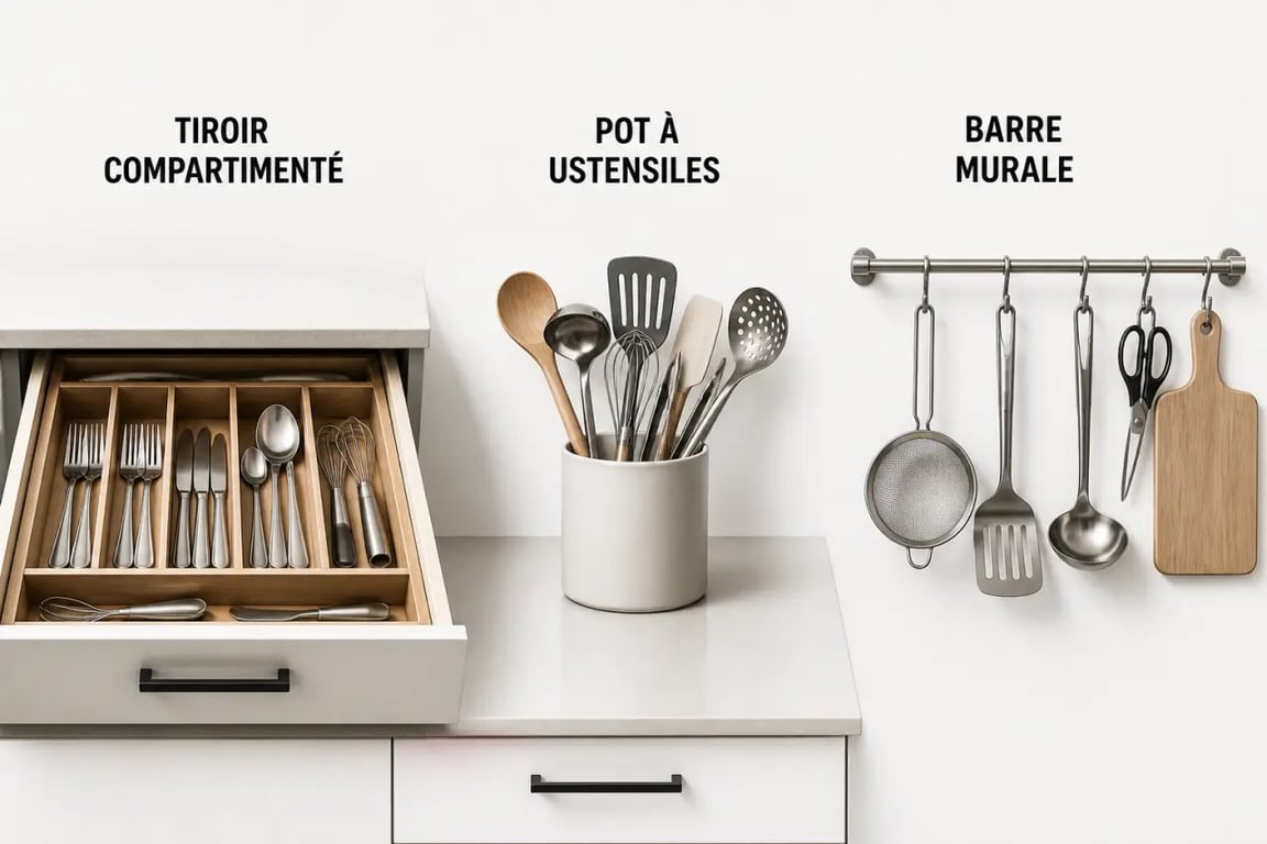 Range ustensiles cuisine : tiroir compartimenté, pot sur plan de travail et rangement mural