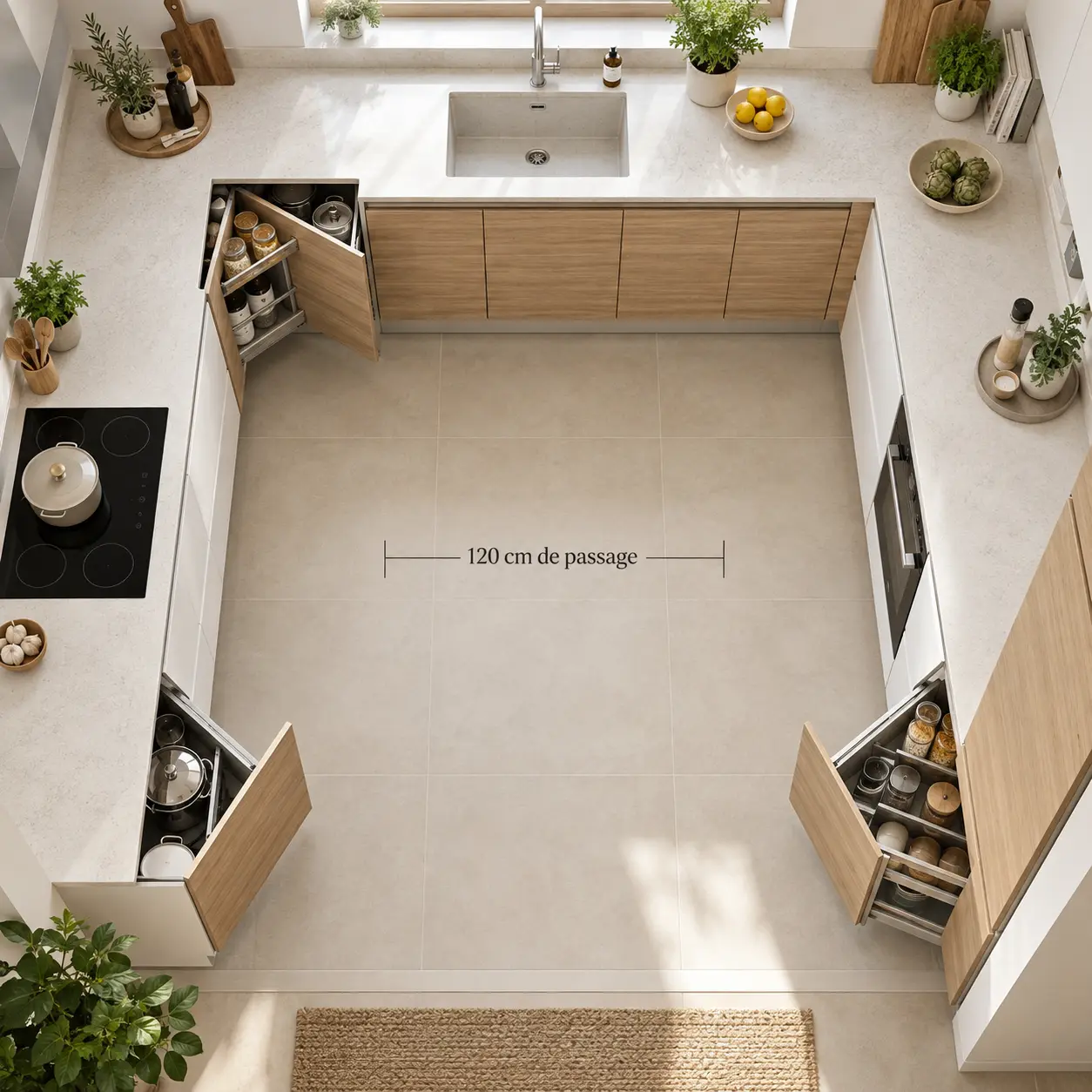 Cuisine en U : 120 cm de passage pour circuler et exploiter les angles