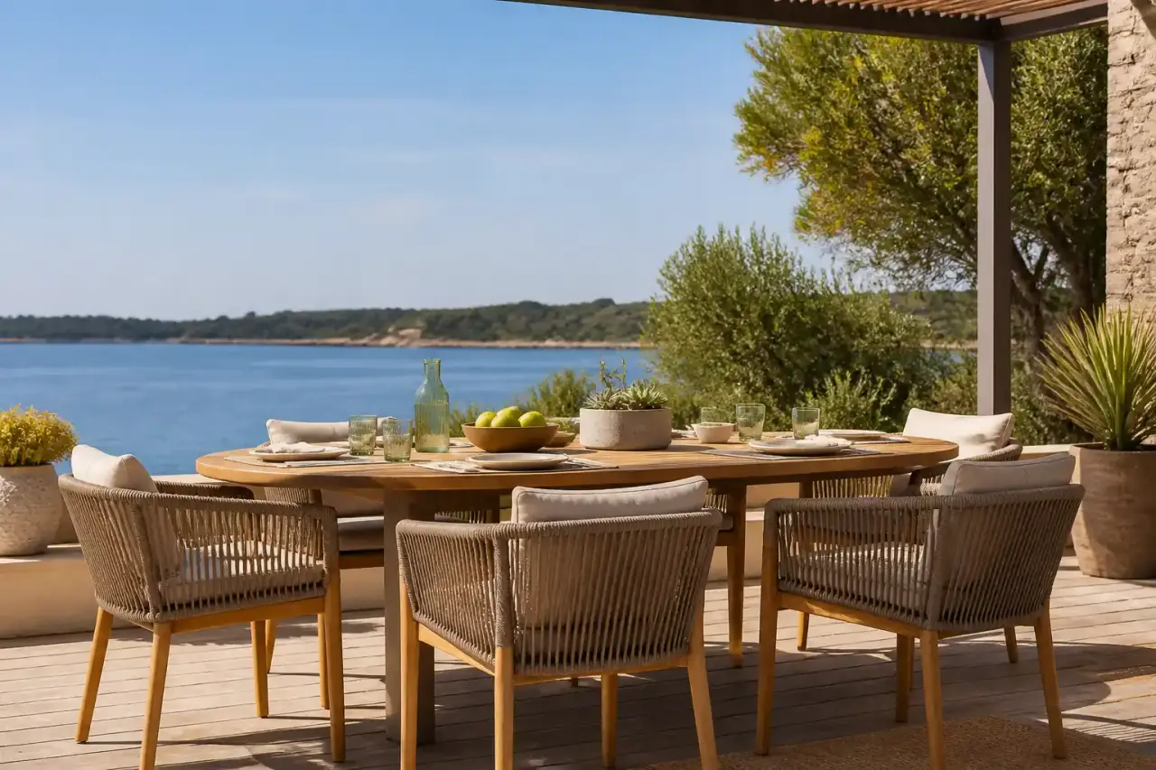 Coin repas outdoor premium avec mobilier en bois et plantes luxuriantes