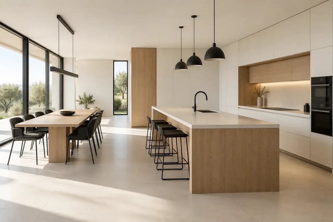 Cuisine salle à manger ouverte avec îlot central et espace convivial