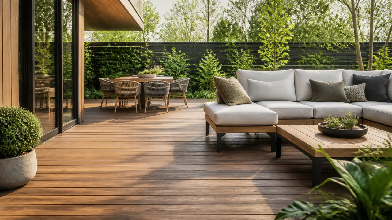 Terrasse haut de gamme en bois FSC avec mobilier élégant et plantes généreuses