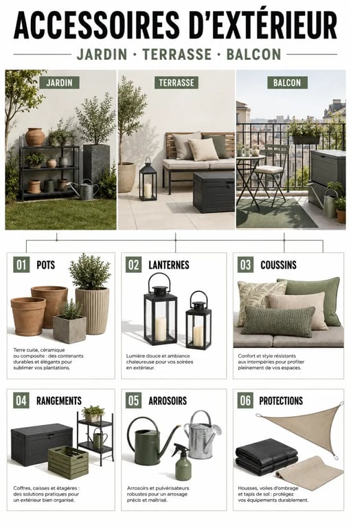 Accessoires jardin présentés par usage pour jardin, terrasse et balcon
