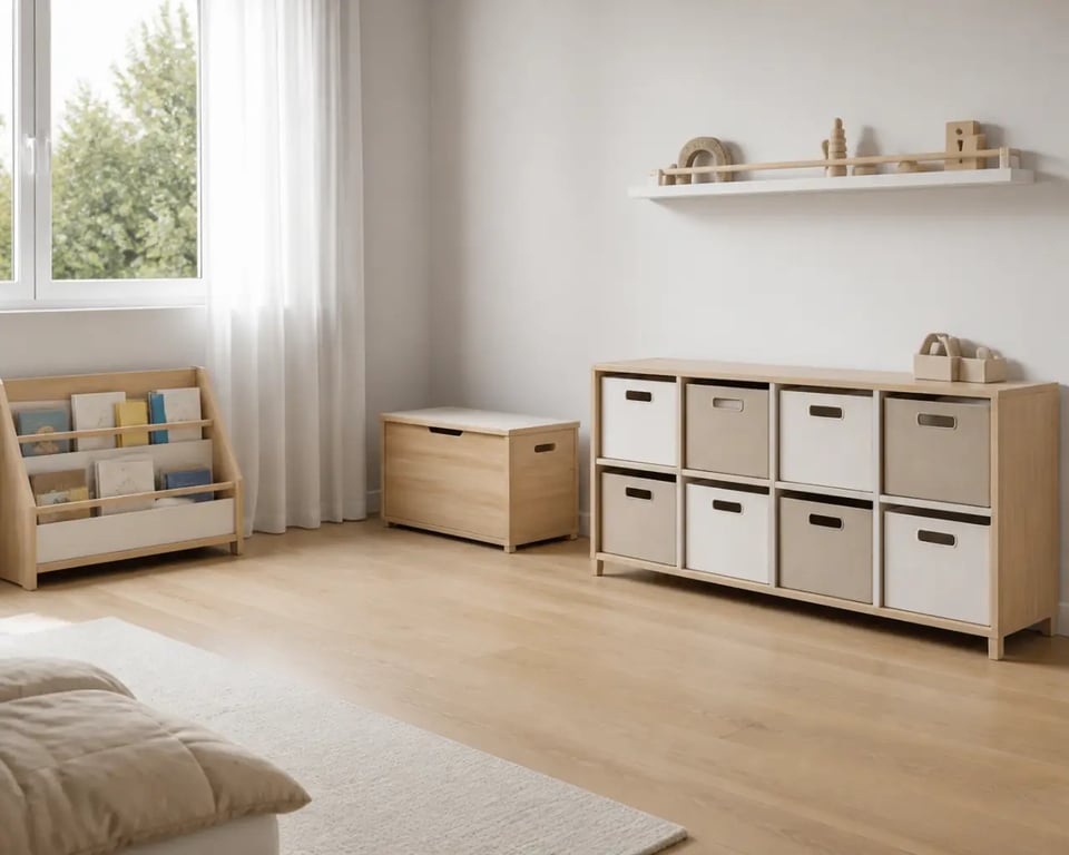 Rangement jouet meuble dans une chambre d’enfant avec cases, coffre et étagère murale