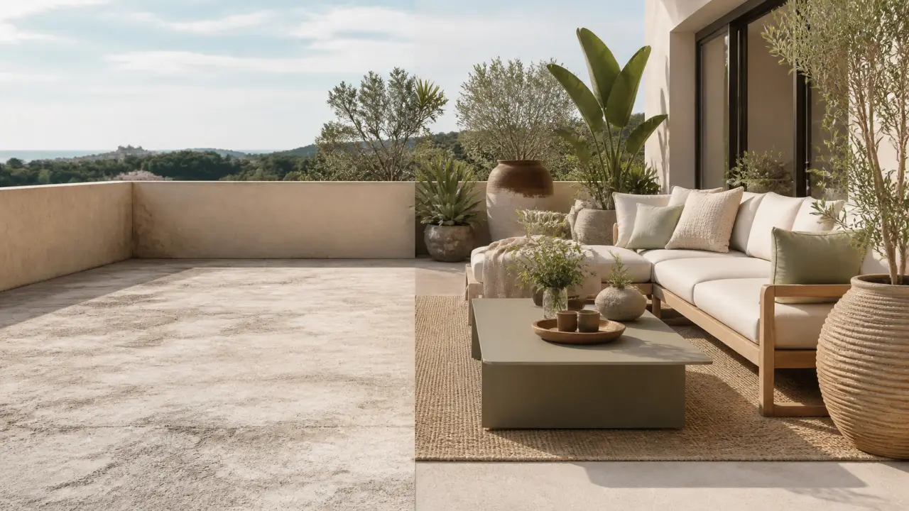 Terrasse haut de gamme transformée en salon d'été avec mobilier en teck et plantes luxuriantes