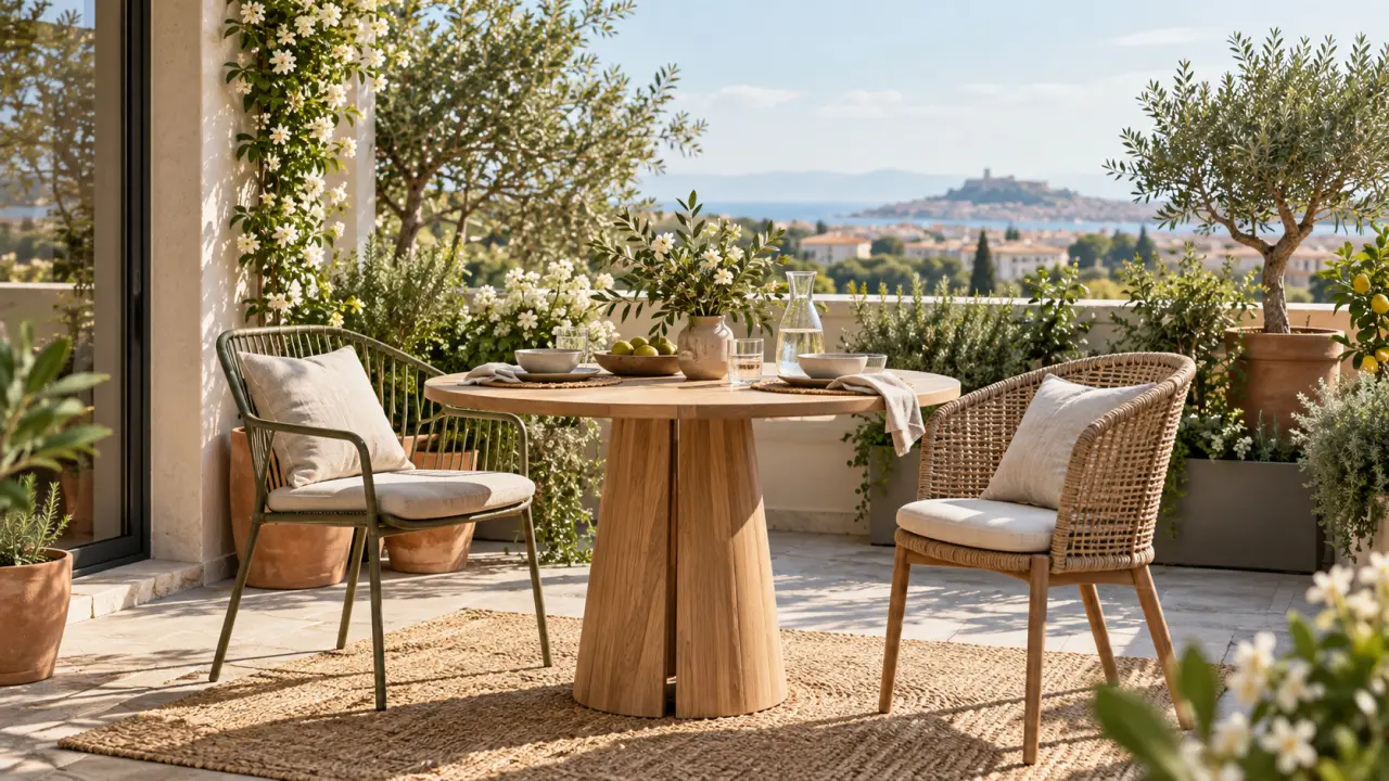 Coin repas extérieur élégant avec table en bois, chaises durables et plantes en pots