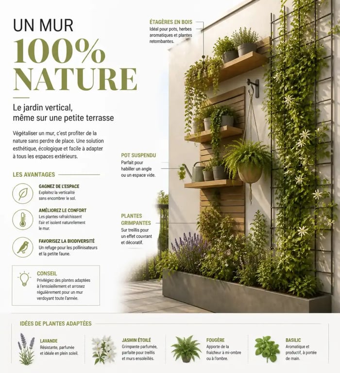 Idée pour aménager une petite terrasse sans se ruiner en utilisant la verticalité avec des plantes.