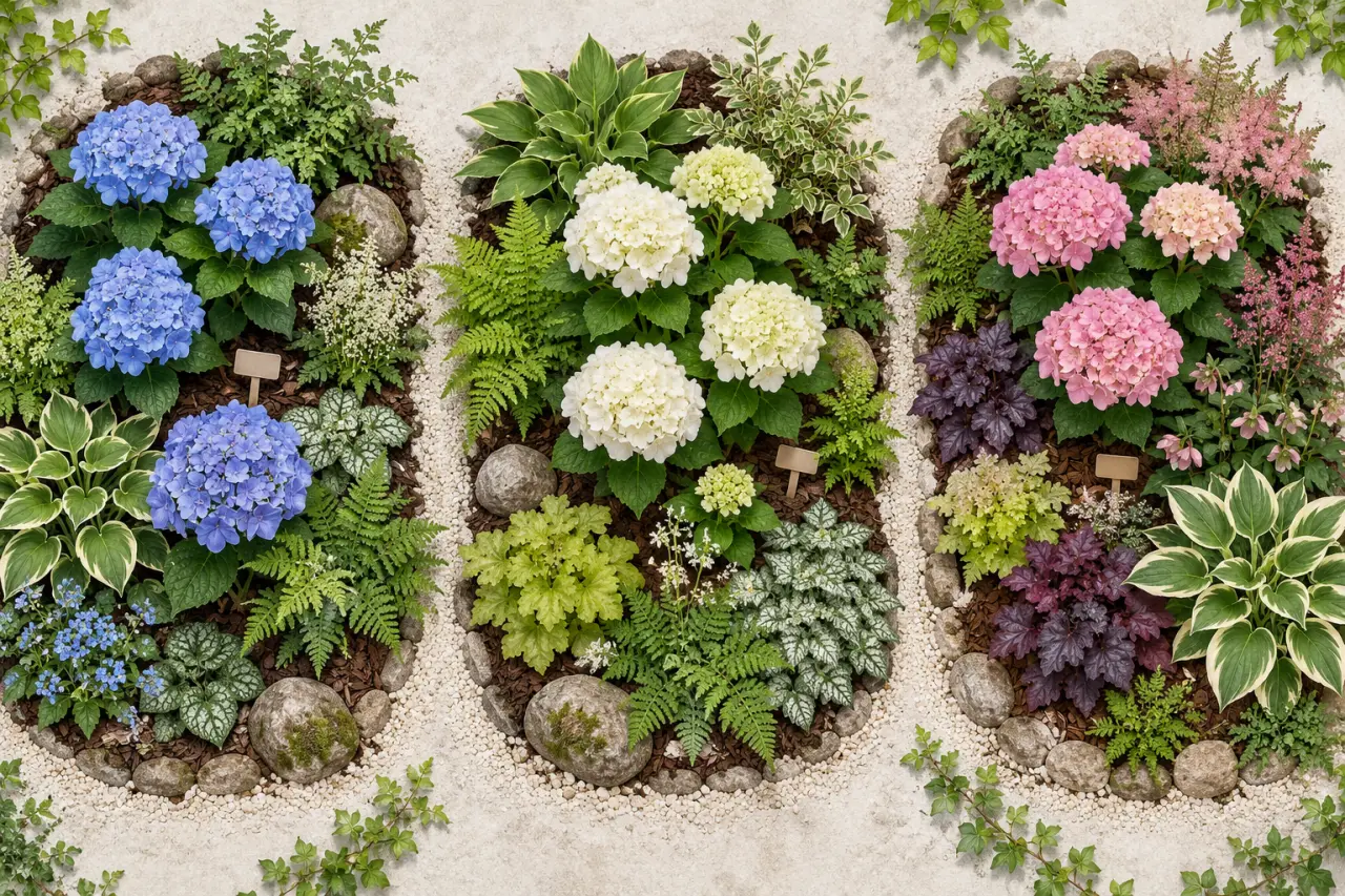 Trois compositions de massif d’hortensias pour fleurir la mi-ombre sans étouffer les plants