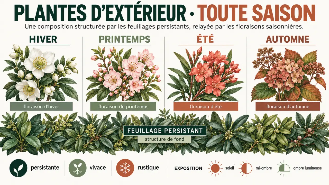Infographie sur les plantes d'extérieur toute saison, les feuillages persistants et les floraisons selon les saisons