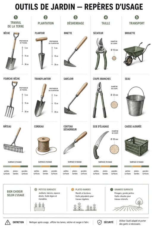 Infographie sur l’outillage du jardin avec les outils essentiels et leurs usages