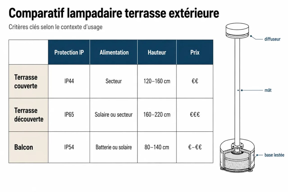 Lampadaire terrasse extérieure en tableau comparatif des critères de choix