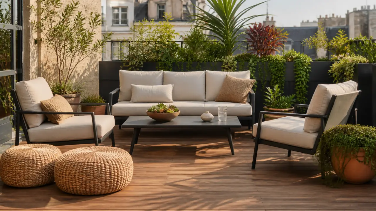 Terrasse haut de gamme avec mobilier en teck, plantes généreuses et lumière douce du matin