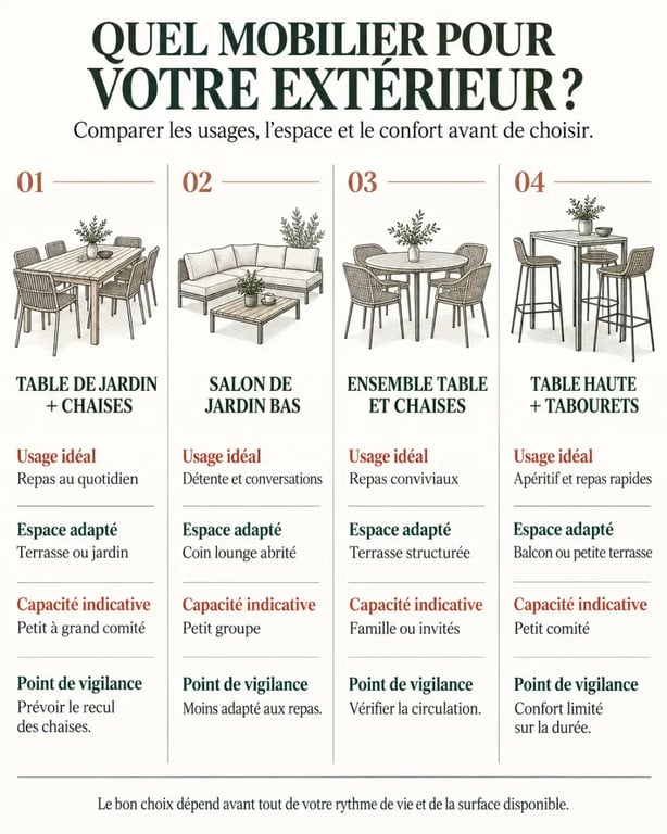 Infographie comparative table et salon de jardin selon les usages et l’espace disponible