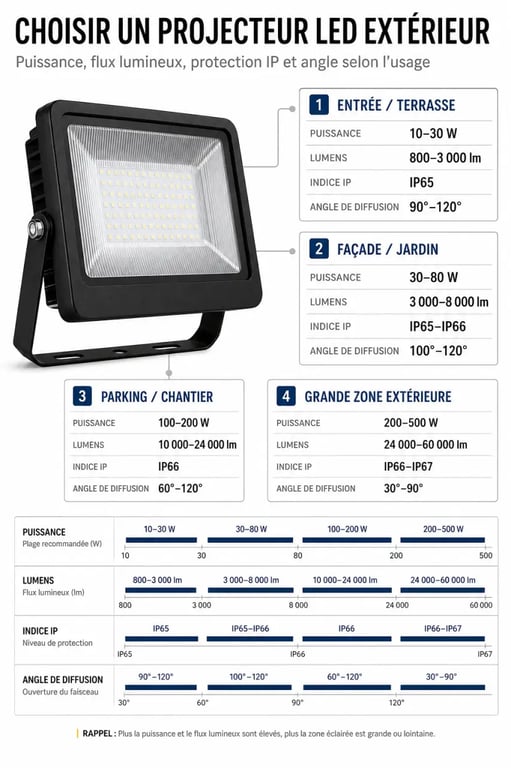 Projecteur LED extérieur puissant : comparaison visuelle des puissances, lumens et indices IP selon l’usage