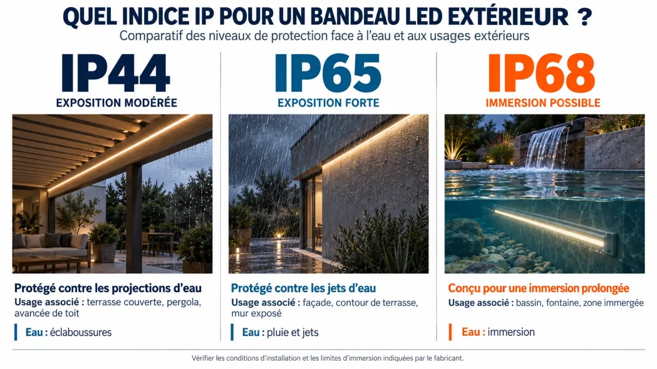 Comparatif des indices IP pour choisir un bandeau LED extérieur selon l’exposition à l’eau