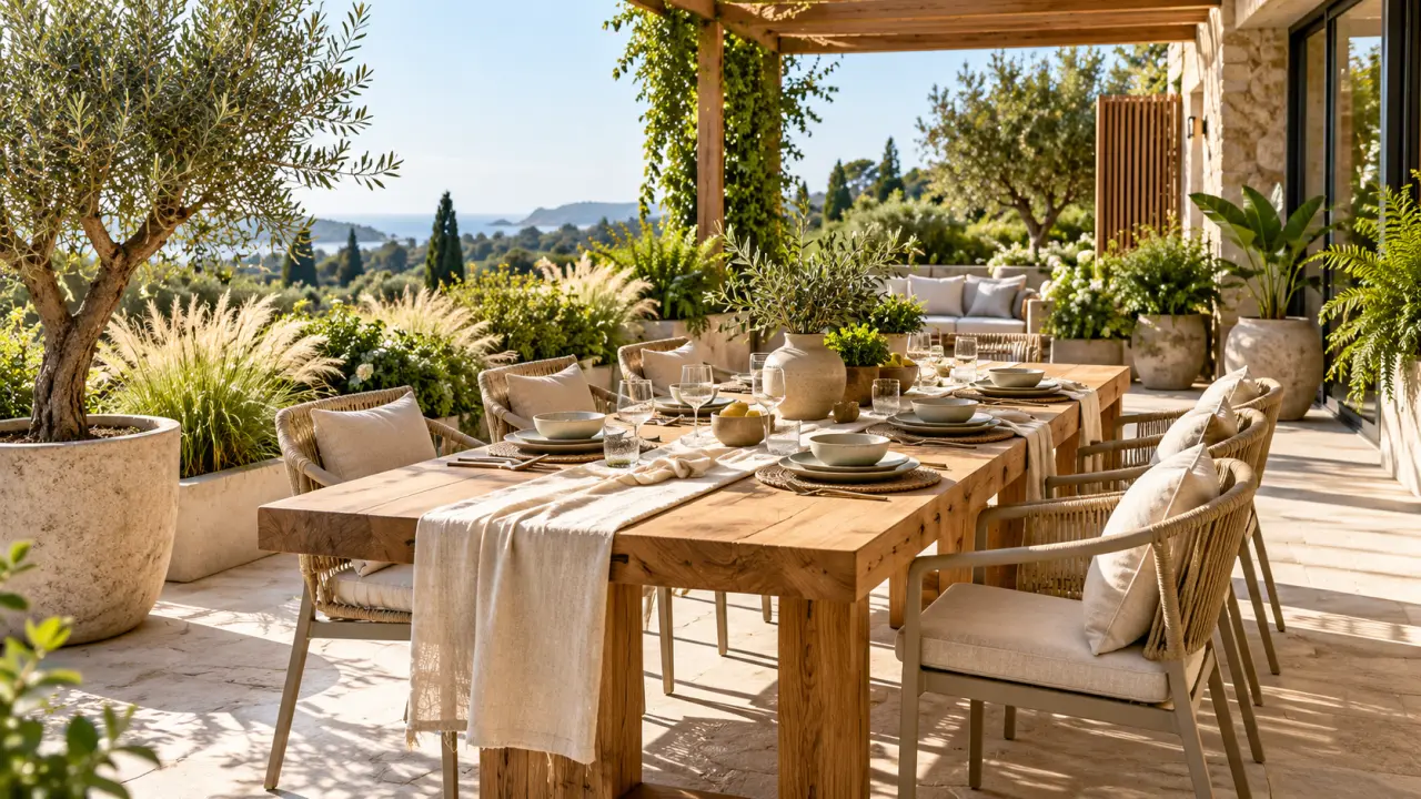 Coin repas extérieur élégant avec table en bois, chaises confortables et végétation