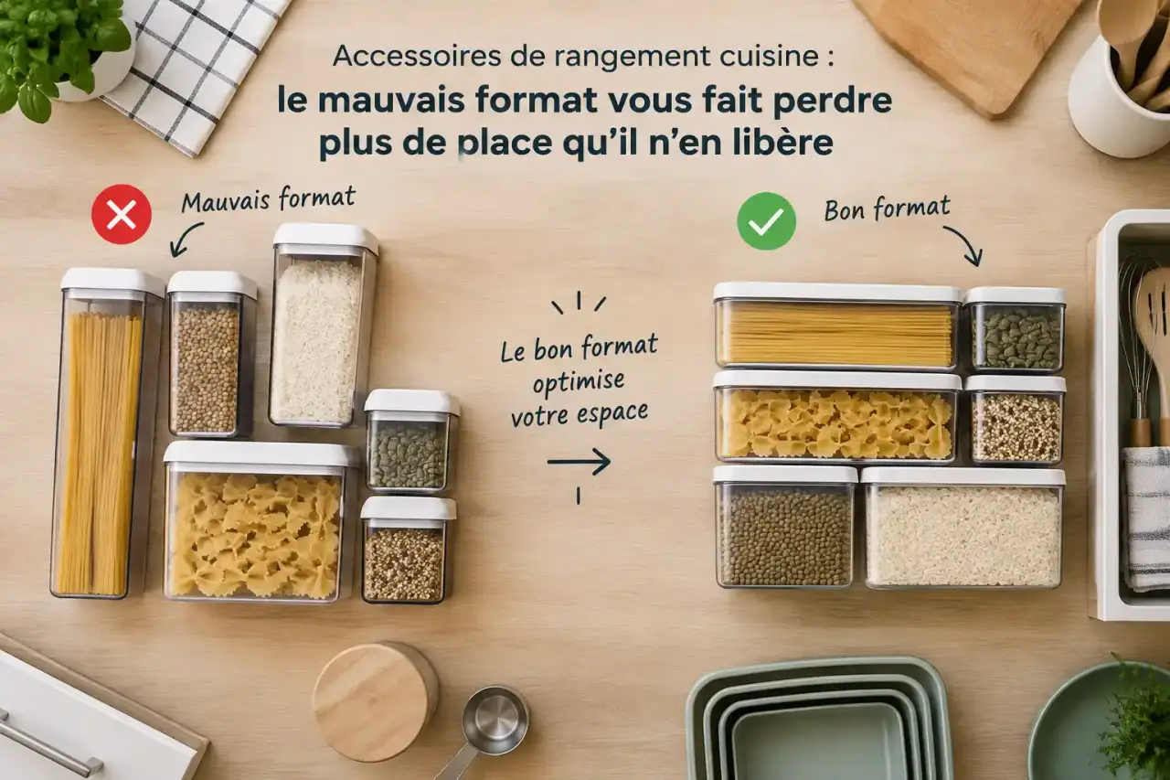 Accessoires de rangement cuisine : le mauvais format vous fait perdre plus de place qu’il n’en libère