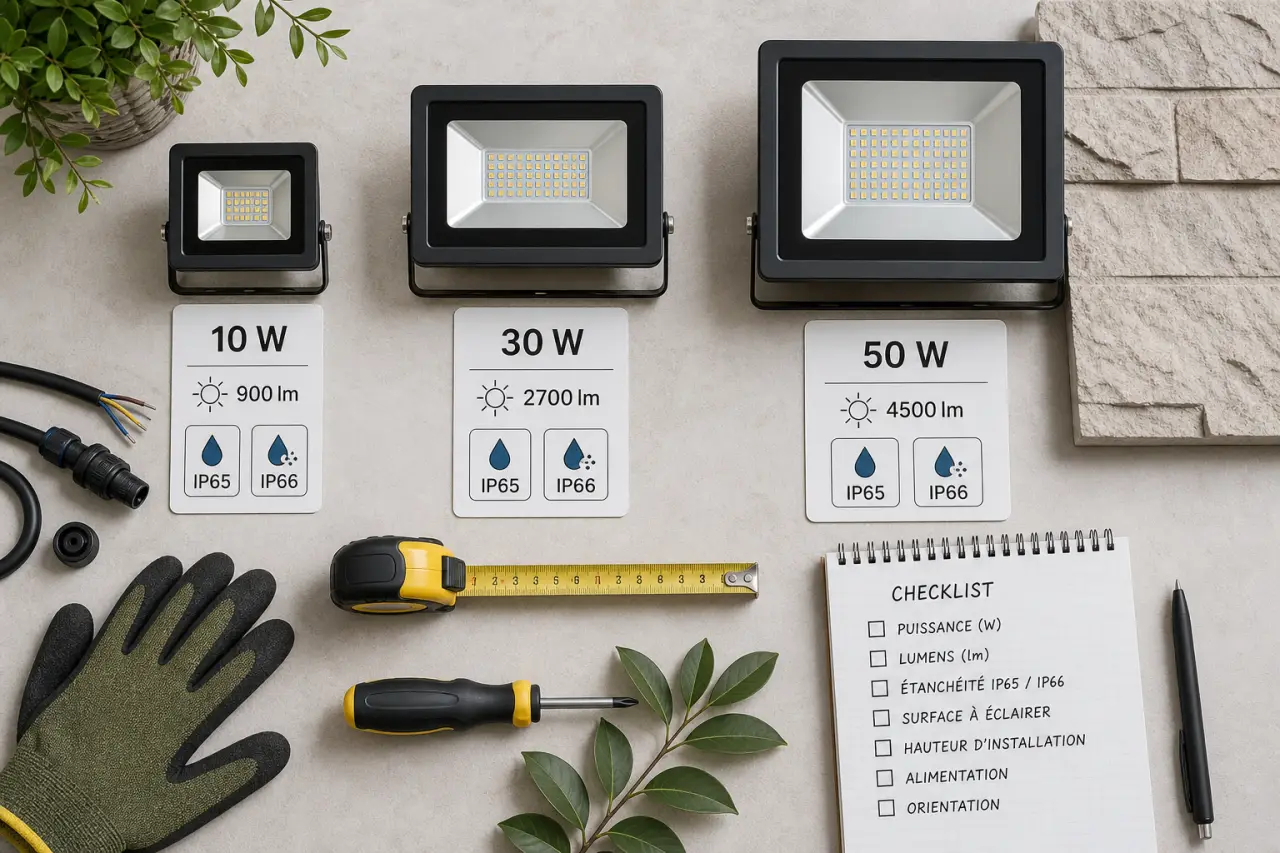 Puissance, lumens et IP65/IP66 : choisir un projecteur LED extérieur puissant sans se tromper