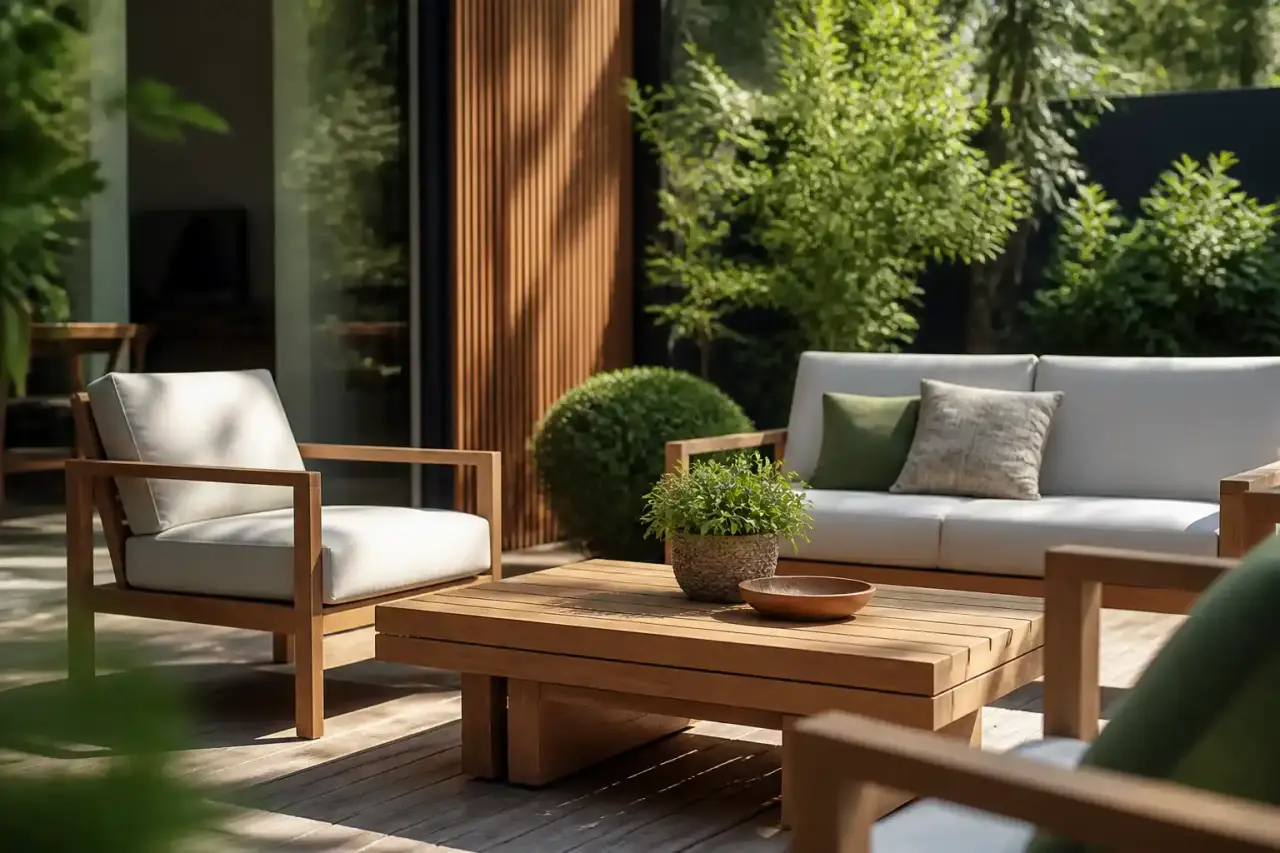 Mobilier d'extérieur en bois FSC sur une terrasse élégante et lumineuse